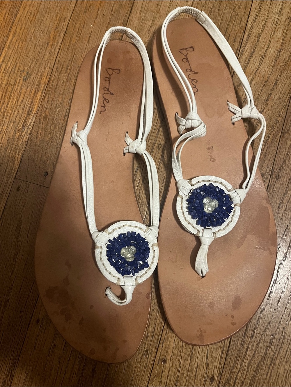 Boden White Leather Sandals with Navy Beaded Medallion